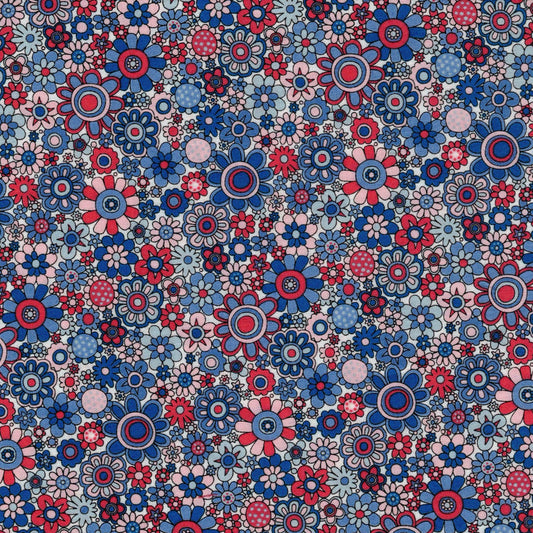 Tissu patchwork à fleurs bleues et rouges