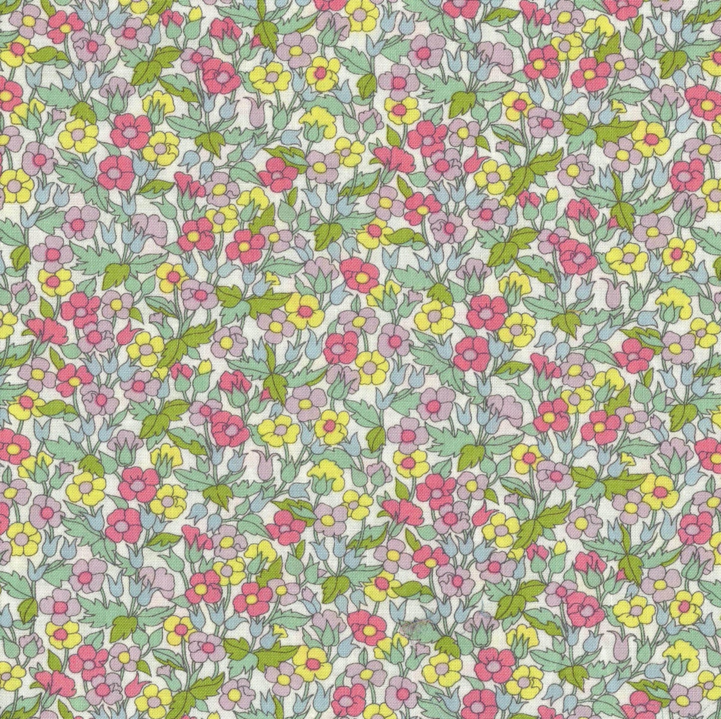 Tissu coton Liberty écru imprimé fleurs fuchsia, parme, jaunes