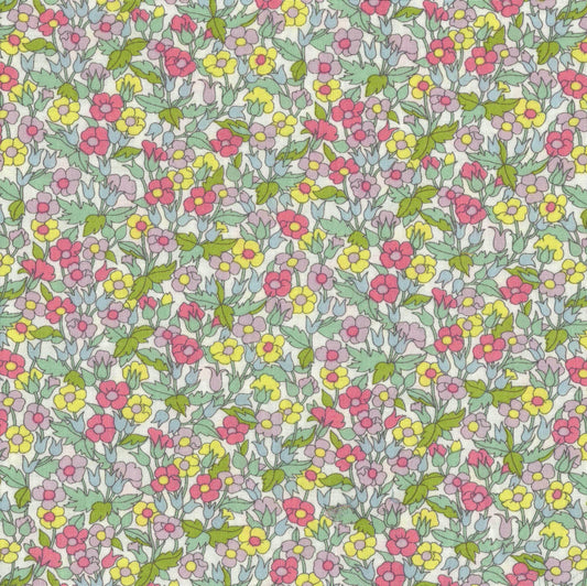 Tissu coton Liberty écru imprimé fleurs fuchsia, parme, jaunes