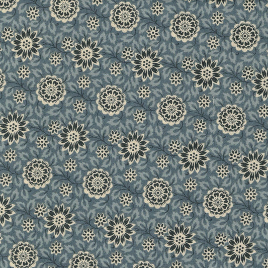 Tissu coton bleu gris à fleurs