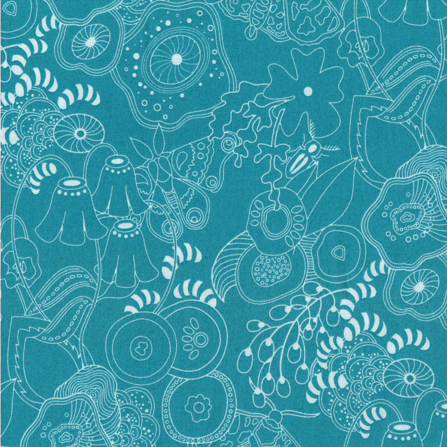 Tissu coton turquoise à motifs blancs